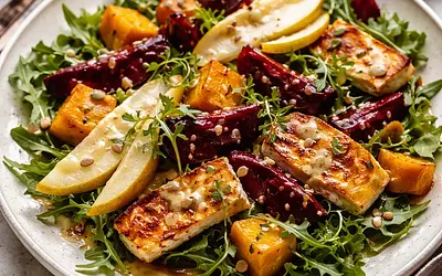 Winter fusion salad with roasted pumpkin, smoked beetroot, pear, and halloumi with miso-orange dressing