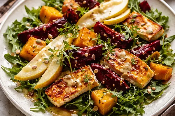Zimowa sałatka fusion z pieczoną dynią, wędzonym burakiem, gruszką i halloumi z dressingiem miso-pomarańczowym