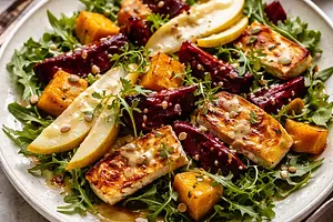 Winter fusion salad with roasted pumpkin, smoked beetroot, pear, and halloumi with miso-orange dressing