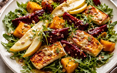 Zimowa sałatka fusion z pieczoną dynią, wędzonym burakiem, gruszką i halloumi z dressingiem miso-pomarańczowym