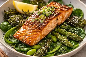 Spring Asian-fusion salmon fillet on a bed of young spinach, asparagus, and crispy nori (variant a0db6b27)