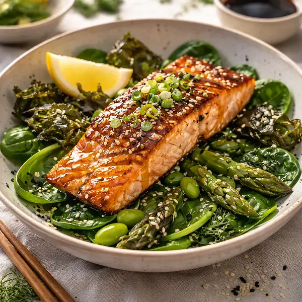 Wiosenny azjatycko-fusion filet z łososia na łóżku z młodego szpinaku, szparagów i chrupiących nori (wariant a0db6b27)