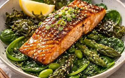 Spring Asian-fusion salmon fillet on a bed of young spinach, asparagus, and crispy nori (variant a0db6b27)