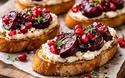 Szybkie zimowe crostini z kozim serkiem, pieczonym burakiem i granatem