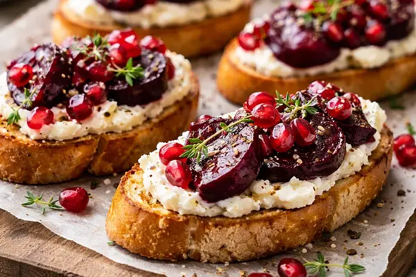 Szybkie zimowe crostini z kozim serkiem, pieczonym burakiem i granatem