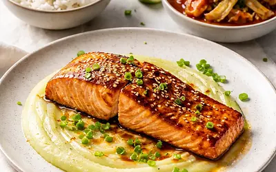 Nowoczesny łosoś miso-yuzu na puree z selera z kokosowym ryżem i chrupiącym szybkikimchi