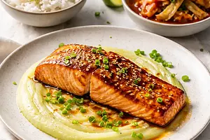 Nowoczesny łosoś miso-yuzu na puree z selera z kokosowym ryżem i chrupiącym szybkikimchi