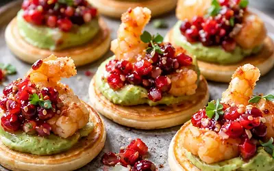 Mini blinis fusion with shrimp tempura, avocado cream, and cranberry-chili salsa (variant 657cead1)
