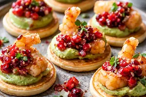 Mini blinis fusion with shrimp tempura, avocado cream, and cranberry-chili salsa (variant 657cead1)