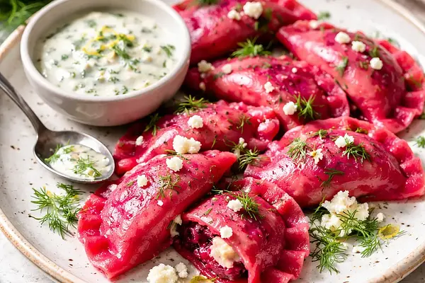 Pierogi rubinowe z pieczonym burakiem i twarogiem z koperkowym sosem