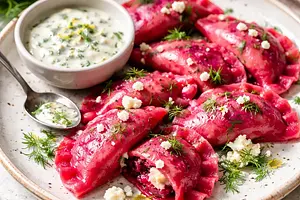 Ruby pierogi with roasted beetroot and cottage cheese with dill sauce