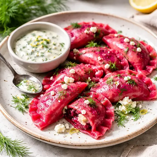 Pierogi rubinowe z pieczonym burakiem i twarogiem z koperkowym sosem