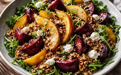 Modern winter salad with roasted beets, caramelized pears, and quinoa