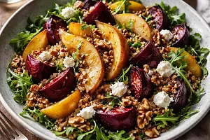 Modern winter salad with roasted beets, caramelized pears, and quinoa
