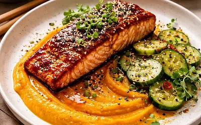 Sezonowa miska Asian Fusion: glazurowany łosoś z puree z dyni kabocha i piklowanym ogórkiem (wariant 9fad21d7)