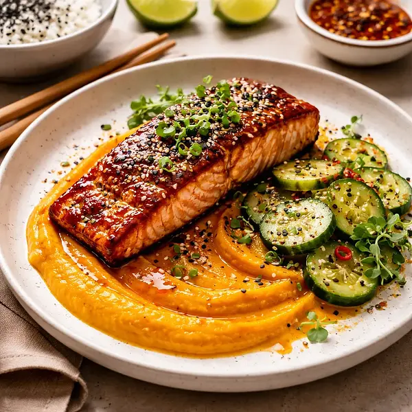 Sezonowa miska Asian Fusion: glazurowany łosoś z puree z dyni kabocha i piklowanym ogórkiem (wariant 9fad21d7)