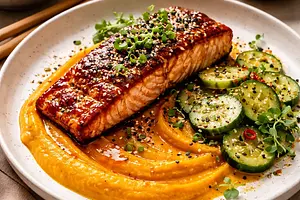 Sezonowa miska Asian Fusion: glazurowany łosoś z puree z dyni kabocha i piklowanym ogórkiem (wariant 9fad21d7)