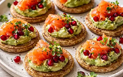 Mini buckwheat-wheat pancakes with smoked salmon, avocado cream, and pomegranate (variant 85357a15)