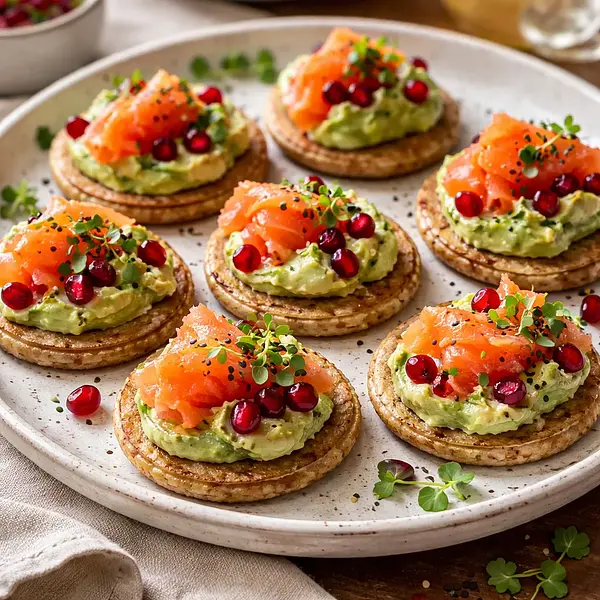 Mini bliny gryczano-pszenne z wędzonym łososiem, kremem z awokado i granatem (wariant 85357a15)