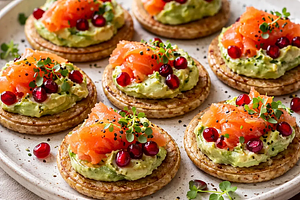 Mini buckwheat-wheat pancakes with smoked salmon, avocado cream, and pomegranate (variant 85357a15)