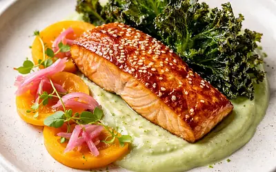 Miso salmon with celery puree, pickled persimmon, and kale chips