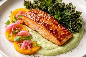 Miso salmon with celery puree, pickled persimmon, and kale chips