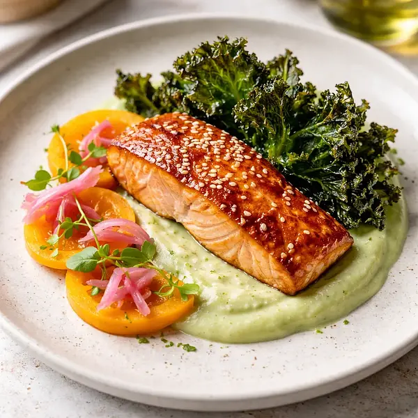 Łosoś miso z puree z selera, piklowanym kaki i chipsami z jarmużu