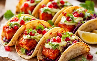 Mini tacos fusion: salmon in sriracha-honey glaze with avocado and pomegranate cream