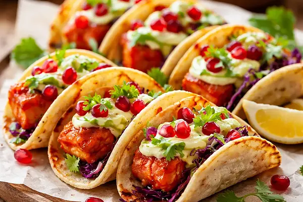 Mini tacos fusion: łosoś w glazurze sriracha-miód z kremem z awokado i granatem