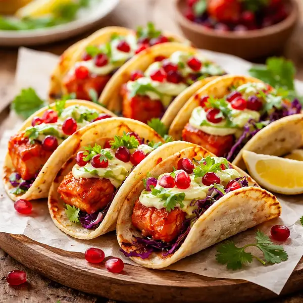 Mini tacos fusion: łosoś w glazurze sriracha-miód z kremem z awokado i granatem