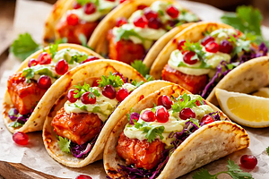 Mini tacos fusion: salmon in sriracha-honey glaze with avocado and pomegranate cream