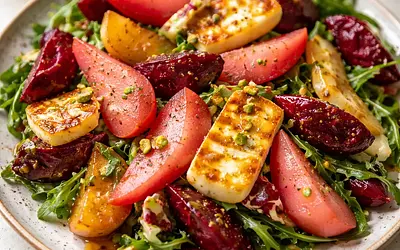 Fusion winter salad with roasted beets, quinoa, pickled pear, and halloumi with tamarind-tahini dressing