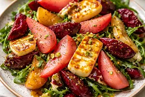 Fusion winter salad with roasted beets, quinoa, pickled pear, and halloumi with tamarind-tahini dressing