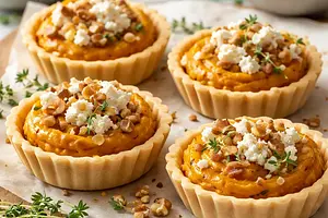 Mini tartlets with roasted pumpkin cream, goat cheese, and toasted nuts