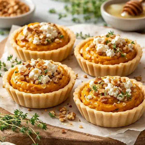 Mini tartaletki z kremem z pieczonej dyni, kozim serem i prażonymi orzechami
