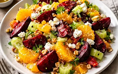 Traditional Winter Salad with Roasted Beets, Celery, and Oranges with Goat Cheese