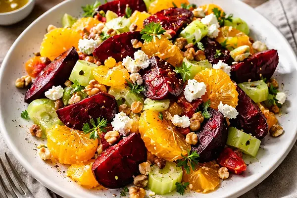 Tradycyjna zimowa sałatka z pieczonych buraków, selera i pomarańczy z kozim serem