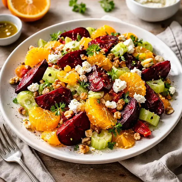 Tradycyjna zimowa sałatka z pieczonych buraków, selera i pomarańczy z kozim serem