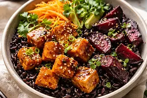 Seasonal Asian-fusion bowl with black rice, glazed tofu, and roasted beets (vegan)