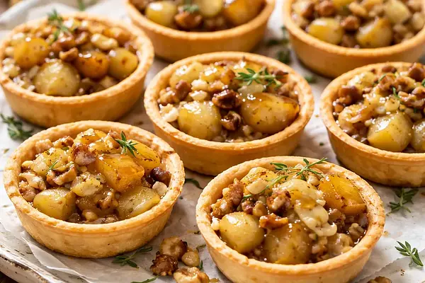 Mini tartaletki z karmelizowaną gruszką, gorgonzolą i orzechami