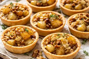 Mini tarts with caramelized pear, gorgonzola, and nuts