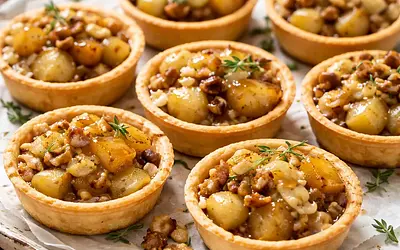 Mini tarts with caramelized pear, gorgonzola, and nuts