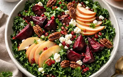 Winter salad with roasted beets, massaged kale, pear, and goat cheese