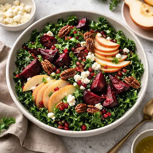 Zimowa sałatka z pieczonych buraków, masowanego jarmużu, gruszki i koziego sera