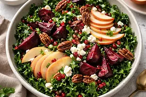 Winter salad with roasted beets, massaged kale, pear, and goat cheese
