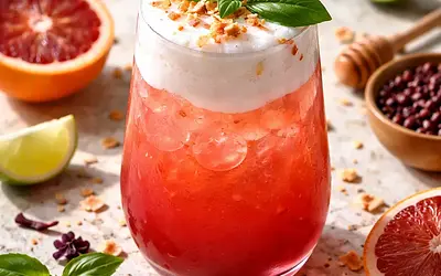 Ruby Sunrise — seasonal hibiscus-citrus cocktail with coconut foam and Thai basil