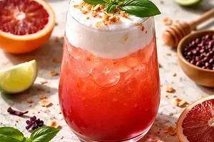 Ruby Sunrise — seasonal hibiscus-citrus cocktail with coconut foam and Thai basil