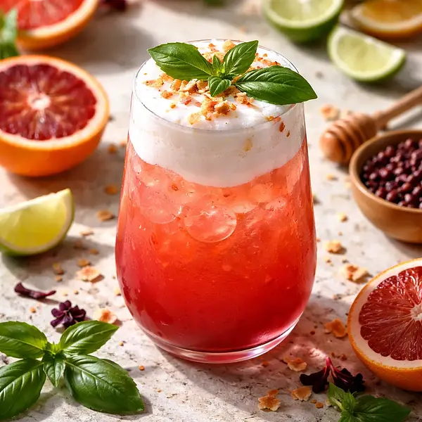 Ruby Sunrise — sezonowy koktajl hibiskusowo-cytrusowy z kokosową pianką i tajską bazylią