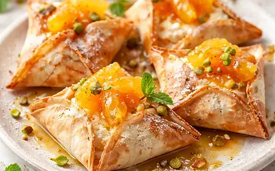 Quick filo pastry envelopes with ricotta cream and glazed oranges