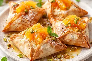 Quick filo pastry envelopes with ricotta cream and glazed oranges